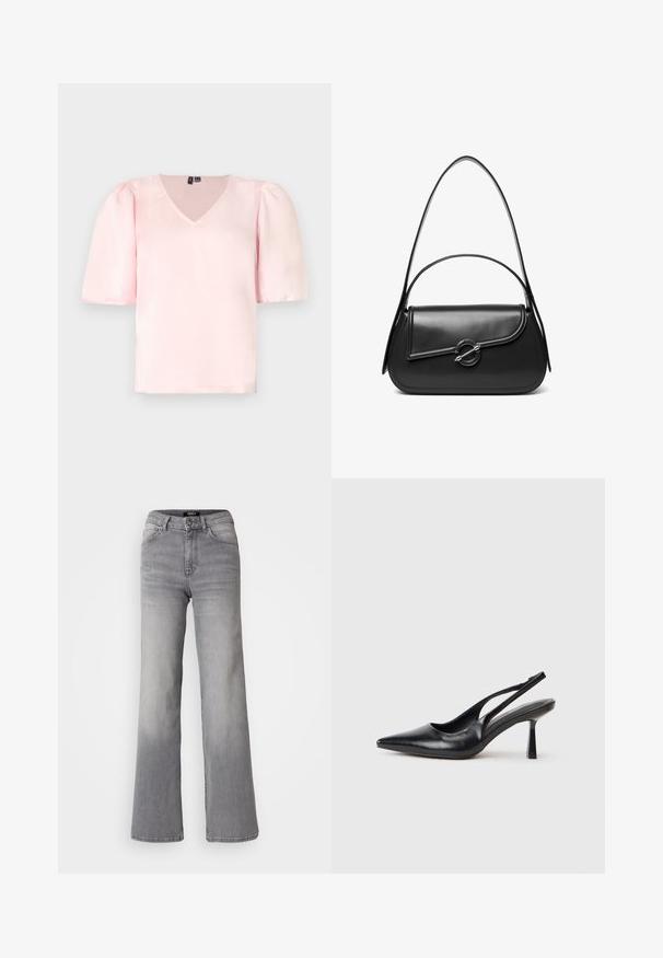 Rosa Satinbluse mit V-Ausschnitt, kurzen Puffärmeln und lockerer Passform. Glatte Textur und einfaches Design ohne sichtbare Muster oder Akzente.; Hochtaillierte graue Denim-Jeans mit geradem Bein, Frontknopf und Reißverschluss, Vorder- und Gesäßtaschen sowie ausgewaschenen Schattierungen an Oberschenkeln und Waden.; Schwarzer Leder Slingback High Heel Schuh mit spitzer Zehenpartie und schmalem Absatz auf einem weißen Hintergrund.; Schwarze Lederschultertasche mit einer geschwungenen Klappe, die durch einen runden Metallverschluss gesichert ist, und einem schlanken, verstellbaren Riemen.