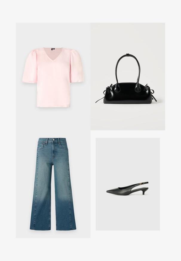 Rosa satinbluse med V-udskæring, korte pufærmer og en afslappet pasform. Glat tekstur og enkelt design uden synlige mønstre eller accenter.; Bredde jeans i en medium blå vask, med en gradient effekt fra mørkere til lysere. Lavet af denim med et traditionelt fem-lomme design.; Sorte spidse slingback-sko lavet af glat læder. Har en tynd hæl og en spænde detalje på den justerbare rem.; Lille sort blank håndtaske med to lange håndtag og snøre-detaljer i siden på en ensfarvet lys baggrund.