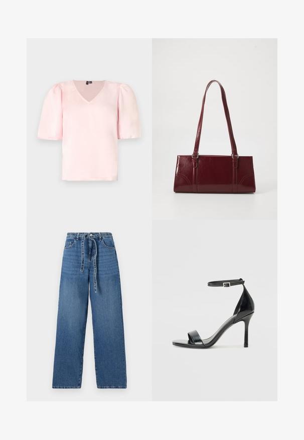 Roze satijnen blouse met een V-hals, korte pofmouwen en een relaxte pasvorm. Gladde textuur en eenvoudig ontwerp zonder zichtbare patronen of accenten.; Lichtblauwe denim wide-leg jeans met een hoge taille, voorzien van een striksluiting, twee voorzakken en een licht vervaagd patroon.; Zwarte lakleren sandaal met hoge hakken, een open teen, een enkele band aan de voorkant en een verstelbare enkelband.; Bourgondische handtas van glanzend materiaal, rechthoekige vorm, met twee schouderbanden en subtiele gebogen accenten aan de voorkant.