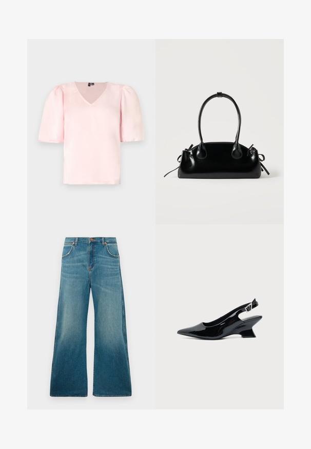 Rosa Satinbluse mit V-Ausschnitt, kurzen Puffärmeln und lockerer Passform. Glatte Textur und einfaches Design ohne sichtbare Muster oder Akzente.; Hochtaillierte blaue Jeans aus Denim mit weitem Bein, frontalen Taschen, Knopfverschluss und einem verblassten Farbverlauf von der Taille bis zum Saum.; Schwarzer Slingback-Schuh aus Lackleder mit spitzer Spitze und niedrigem, schrägem Blockabsatz auf einfachem hellem Hintergrund.; Kleine schwarze glänzende Handtasche mit zwei langen Griffen und seitlichen Kordelzug-Details vor einfachem hellem Hintergrund.