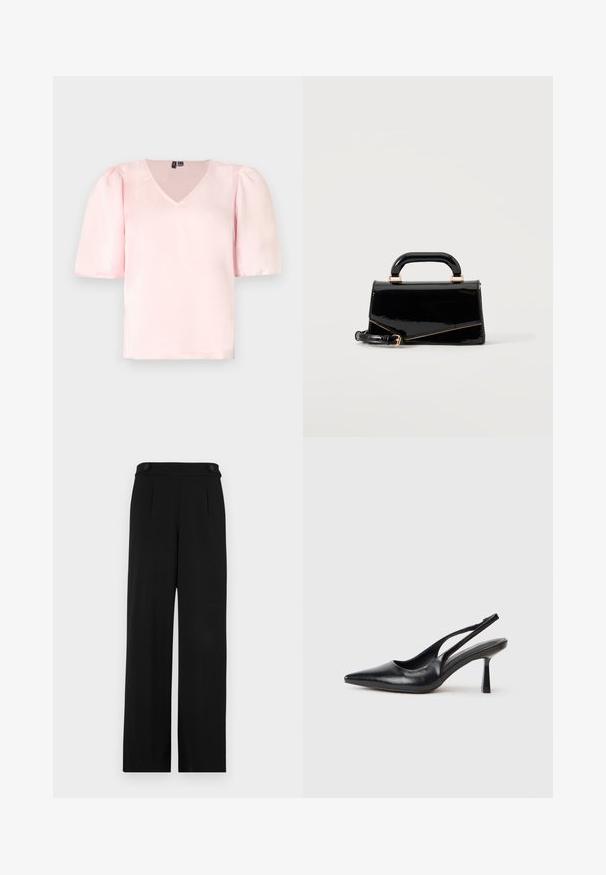 Roze satijnen blouse met een V-hals, korte pofmouwen en een relaxte pasvorm. Gladde textuur en eenvoudig ontwerp zonder zichtbare patronen of accenten.; Zwarte wijde broek met een vlakke voorkant, twee knopen in de taille en een gladde stofstructuur. Getailleerde pasvorm met plooien voor een mooie vorm.; Zwarte leren slingback hoge hak schoenen met puntige neus en slanke hak op een witte achtergrond.; Zwarte glanzende rechthoekige handtas met bovenhandvat, gouden hardware en afneembare riem, geplaatst op een effen lichte achtergrond.