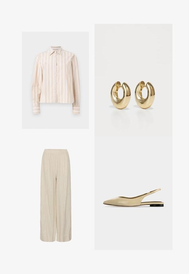 Chemise beige et blanche rayée verticalement, manches longues, boutonnée, avec col pointu et poignets boutonnés, présentée sur un fond clair et plat.; Pantalon beige à jambes larges avec fines rayures verticales et taille élastique, fabriqué en tissu léger.; Chaussure plate beige à bout pointu avec bride arrière, petit talon noir et finition en cuir lisse, vue de côté sur un fond uni.; Boucles d'oreilles créoles dorées avec une surface lisse et polie. Forme circulaire présentant une ouverture, mettant en valeur un design moderne.