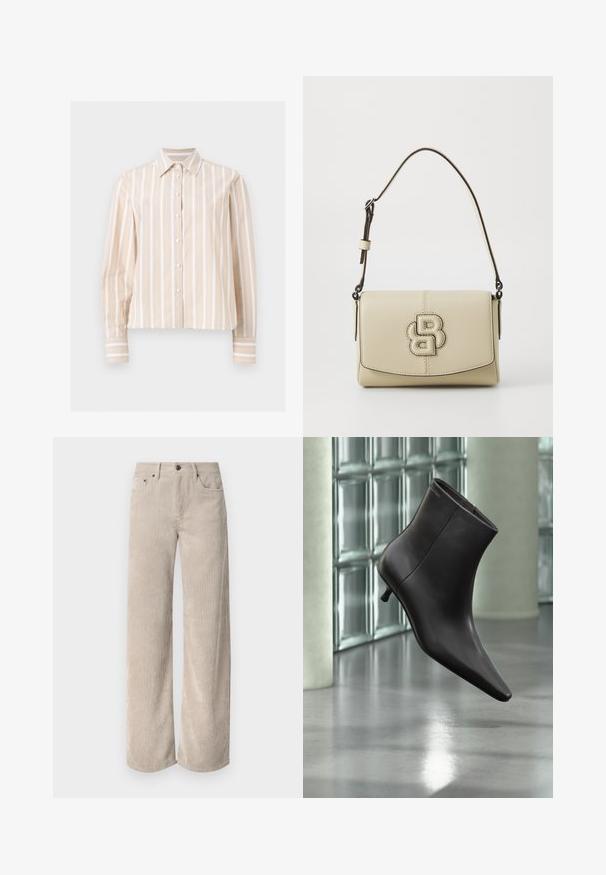 Camisa beige y blanca con rayas verticales, de manga larga, abotonada, con cuello puntiagudo y puños abotonados, mostrada sobre un fondo plano y claro.; Pantalones de pana anchos beige con rayas verticales, con cierre de botón y bolsillos frontales. Tejido suave y texturizado con un ajuste relajado.; Bota de cuero negro para el tobillo con puntera puntiaguda y tacón pequeño, exhibida frente a una pared de bloques de vidrio y un suelo pulido.; Bolso de cuero color crema con un diseño estructurado, que presenta un logotipo en relieve prominente, un cierre de solapa y una correa ajustable.