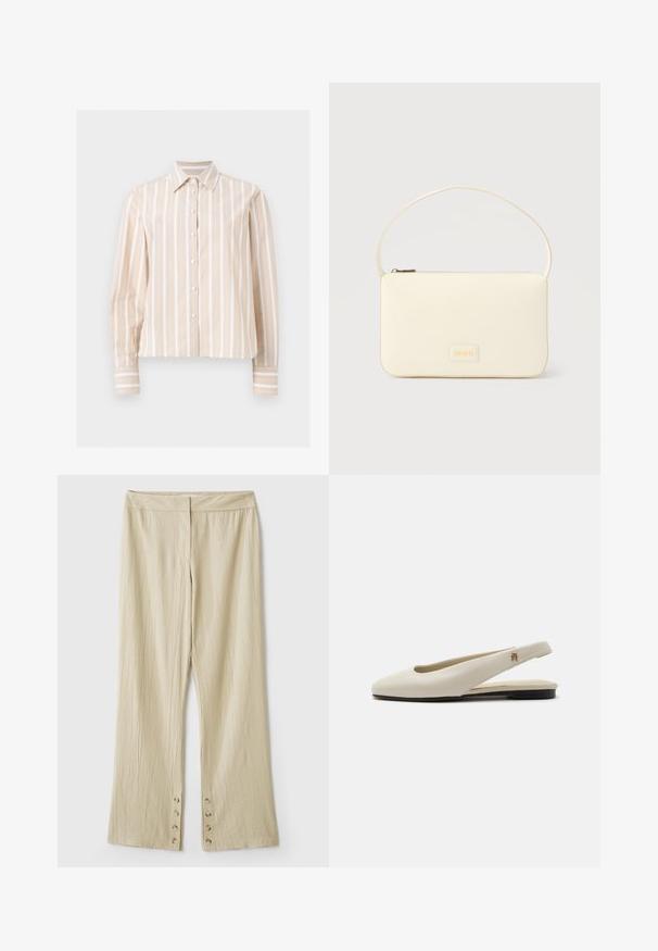 Chemise beige et blanche rayée verticalement, manches longues, boutonnée, avec col pointu et poignets boutonnés, présentée sur un fond clair et plat.; Pantalon beige à jambes larges en tissu texturé, avec une ceinture lisse et des détails à boutons à l'ourlet.; Chaussure plate slingback en cuir couleur crème avec un bout arrondi et un petit emblème doré sur la bride.; Sac à main rectangulaire de couleur crème avec une seule sangle et une fermeture éclair sur le dessus, comportant une petite plaque de logo embossé à l'avant.