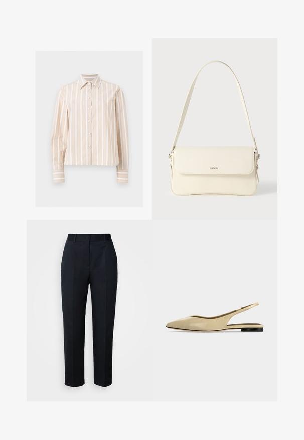 Chemise beige et blanche rayée verticalement, manches longues, boutonnée, avec col pointu et poignets boutonnés, présentée sur un fond clair et plat.; Pantalon bleu marine sur mesure avec passants de ceinture, plis devant et coupe droite, présenté sur un fond blanc.; Chaussure plate beige à bout pointu avec bride arrière, petit talon noir et finition en cuir lisse, vue de côté sur un fond uni.; Sac à bandoulière en cuir couleur crème avec fermeture à rabat, quincaillerie argentée, une bandoulière réglable et un logo discret.