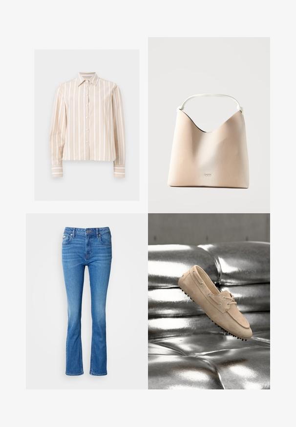 Camisa beige y blanca con rayas verticales, de manga larga, abotonada, con cuello puntiagudo y puños abotonados, mostrada sobre un fondo plano y claro.; Jeans acampanados de denim azul con una cintura de media altura, que presentan un clásico diseño de cinco bolsillos y una sutil textura desgastada en las rodillas.; Mocasín beige de ante con detalle de cordones y suela de goma con tachuelas, colocado sobre una superficie acolchada metálica plateada brillante.; Bolso beige de DKNY con parte superior curva y asa blanca única, superficie texturizada, diseño minimalista y pequeño logo centrado en el frente.