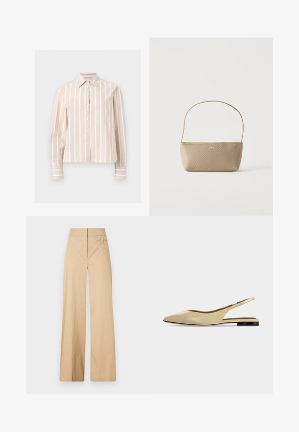 Beige-weiß vertikal gestreiftes Langarmhemd mit spitzem Kragen und geknöpften Manschetten, auf hellem flachem Hintergrund dargestellt.; Beige weite Hosen aus Baumwollmischgewebe. Sie haben eine glatte Textur, einen elastischen Bund und eine seitliche Knopfdetail.; Beiger Slingback-Ballerina mit spitzer Kappe, niedrigem schwarzem Absatz und glattem Lederfinish, seitlich auf einfarbigem Hintergrund gezeigt.; Beige gewebte Handtasche mit dünnem Schulterriemen und kleinem goldenen "BOSS" Logo vorne, vor weißem Hintergrund präsentiert.