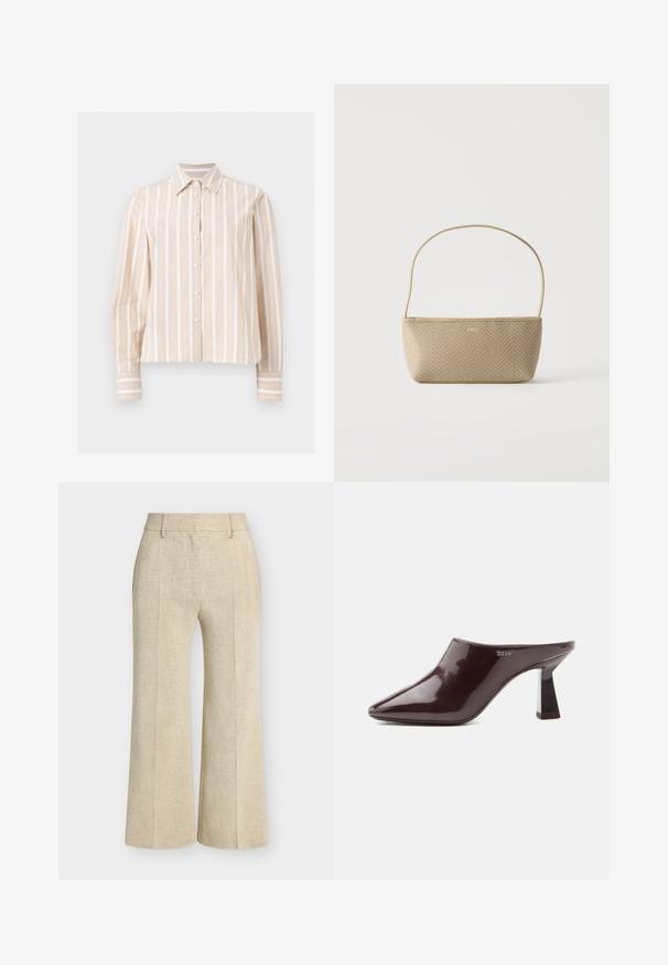 Chemise beige et blanche rayée verticalement, manches longues, boutonnée, avec col pointu et poignets boutonnés, présentée sur un fond clair et plat.; Pantalon beige à jambes larges avec passants de ceinture, plis devant et finition en tissu texturé.; Mule brun foncé brillant à bout pointu avec un talon bloc et logo DKNY sur le côté, présentée sur un fond blanc uni.; Sac à main tissé beige avec fine bandoulière et petit logo doré "BOSS" à l'avant, présenté sur fond blanc uni.