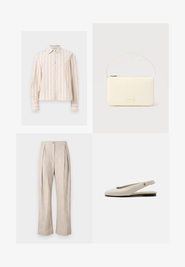 Beige en wit verticaal gestreept overhemd met lange mouwen, knoopsluiting, puntkraag en knoopmanchetten, afgebeeld op een lichte, vlakke achtergrond.; Beige linnen broek met plooien, wijde benen en een sluiting met een knoop aan de voorkant. De stof heeft een gestructureerde uitstraling en een lichte, ademende kwaliteit.; Crèmekleurige leren slingback platte schoen met ronde neus en klein gouden embleem op het bandje.; Roomkleurige rechthoekige handtas met een enkele draagband en een ritssluiting aan de bovenkant, met een klein ingegraveerd logoplacaat op de voorkant.