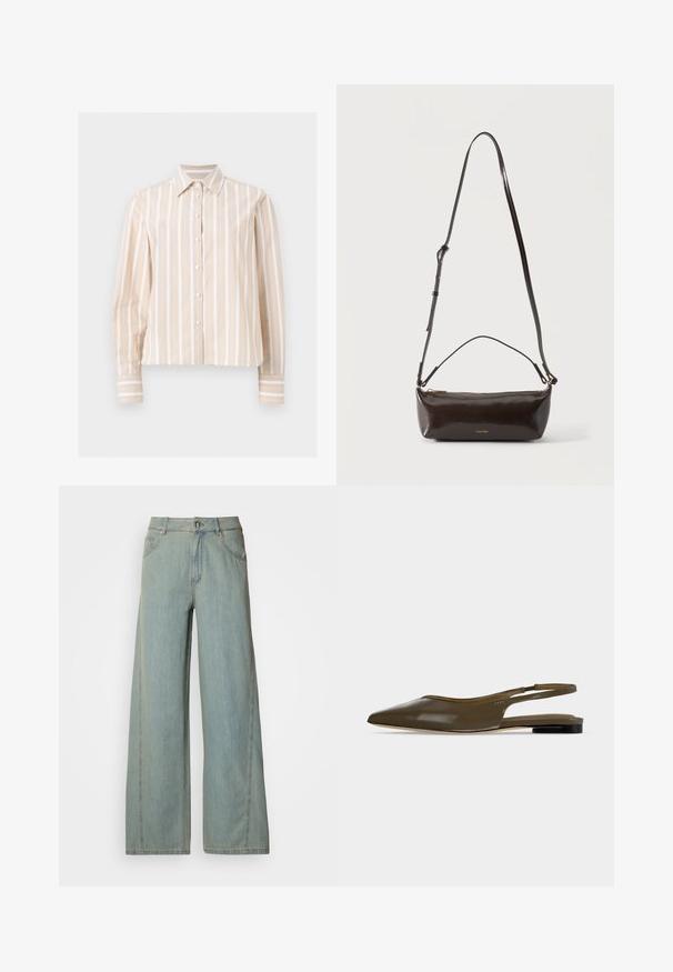 Beige og hvid langærmet skjorte med vertikale striber, spidst krave og knapper ved manchetter, vist på en lys flad baggrund.; Lyseblå bredbuks jeans lavet af denim, med knap- og lynlås-lukning, fem lommer og kontrasterende syninger.; Olivengrøn spids tå slingback flad sko med lav sort hæl og en glat, skinnende finish.; Lille blank mørkebrun læder skuldertaske med justerbar rem, top håndtag og gyldent lynlås lukning.