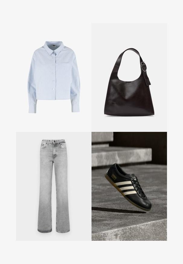 Lyseblå og hvide lodrette stribede skjorte med knapper, krave, lange ærmer og en brystlomme på venstre side.; Lyst grå faded lige ben jeans med forlommer, bæltestropper, og en knap- og lynlåslukning.; Sort lædersneaker med hvidt trestribet design, teksturerede detaljer, sorte snørebånd og en gum-sål. Brandlogo synligt på tungen.; Brun læder skuldertaske med en glat tekstur, rund form, bred rem og cirkulært metalaccent på håndtaget.