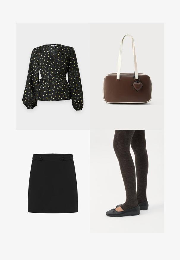 Blouse noire à manches bouffantes longues, avec un petit imprimé floral jaune et un détail de lien sur le côté à la taille.; Jupe mini noire en tissu lisse présentant un design simple, une taille plate et deux accents de boutons décoratifs à l'avant.; Jambes portant des leggings côtelés foncés associés à des ballerines noires avec de petits détails en nœud sur fond blanc.; Sac à main en similicuir marron avec bordure blanche, forme rectangulaire, poignées courtes et étiquette décorative en forme de cœur attachée.