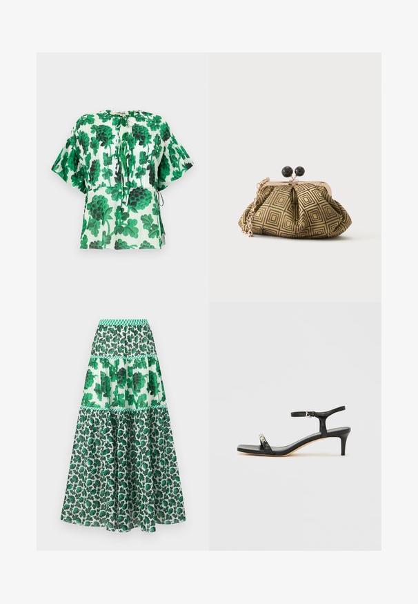 Korte mouw blouse met een groen en zwart bladpatroon op een lichte achtergrond. Heeft een ronde halslijn en trekkoorddetails in de taille.; Groene maxirok met een smocktailleband. Heeft een gelaagd ontwerp met bloemenprints en verschillende tinten groen.; Zwarte leren sandaal met hak, enkelbandje, open neus, vierkante voorkant en zilverkleurige accenten. Gesloten ontwerp met een slank profiel.; Kleine clutch tas met goud-zwart geometrisch patroon, goudkleurig metalen frame, zwarte bolsluiting en een korte gouden kettingband.