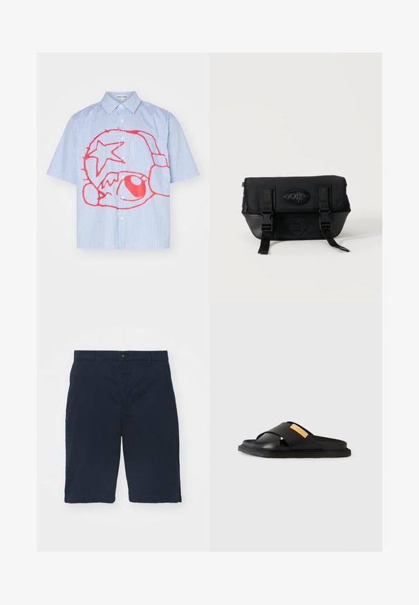 Chemise à manches courtes avec des rayures bleu clair et blanches, ornée d'un graphisme rouge proéminent comprenant une étoile et des formes circulaires.; Shorts bleu marine en coton avec une taille plate, une fermeture à bouton et des poches latérales. Longueur genou avec une texture lisse et des coutures nettes.; Sandale noire à semelle plate avec de larges lanières croisées et une petite étiquette rectangulaire jaune sur une lanière, présentée sur un fond blanc uni.; Sac bandoulière Moschino noir avec rabat avant, deux sangles à boucle et patch logo sur un fond clair uni.