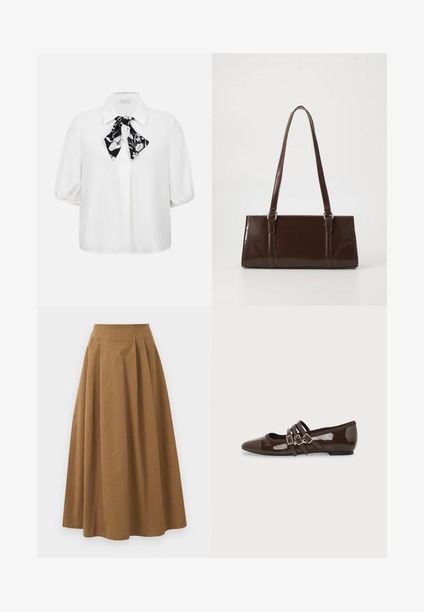 Witte blouse met korte mouwen, een kraag en een zwart-wit bloemenstola gestrikt bij de hals.; Bruine katoen A-lijn rok met een hoge taille, voorzien van plooien aan de voorkant en een gladde textuur. De zoomafwerking is schoon en eenvoudig.; Bruine lakleren platte schoen met puntige neus en drie verstelbare gespen aan de zijkant, gezien vanaf de buitenkant.; Bruine lakleren handtas met een rechthoekige vorm, twee lange handvatten en subtiele gebogen accenten aan de voorkant.
