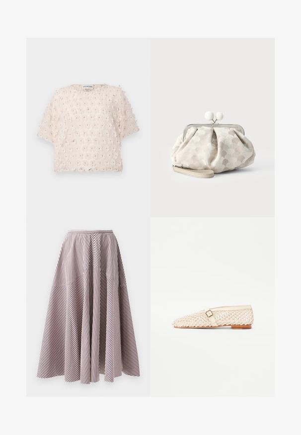 Blush-top i struktureret stof med 3D-blomsterapplikationer. Korte ærmer og rund halsudskæring, designet til en løs pasform.; Stribet nederdel med lodrette hvide og bordeaux farvede striber, udformet med en flagrende design og samlet tekstur ved taljen, lavet af letvægtsstof.; Vevet beige ballet flad sko med spids tå, læderrem og spænde detaljer, tekstureret overdel og lille brun hæl.; Lille beige clutch- taske med tekstureret prikket stof, sølvramme, rund hvid lukning og aftagelig håndledsrem på ensfarvet baggrund.