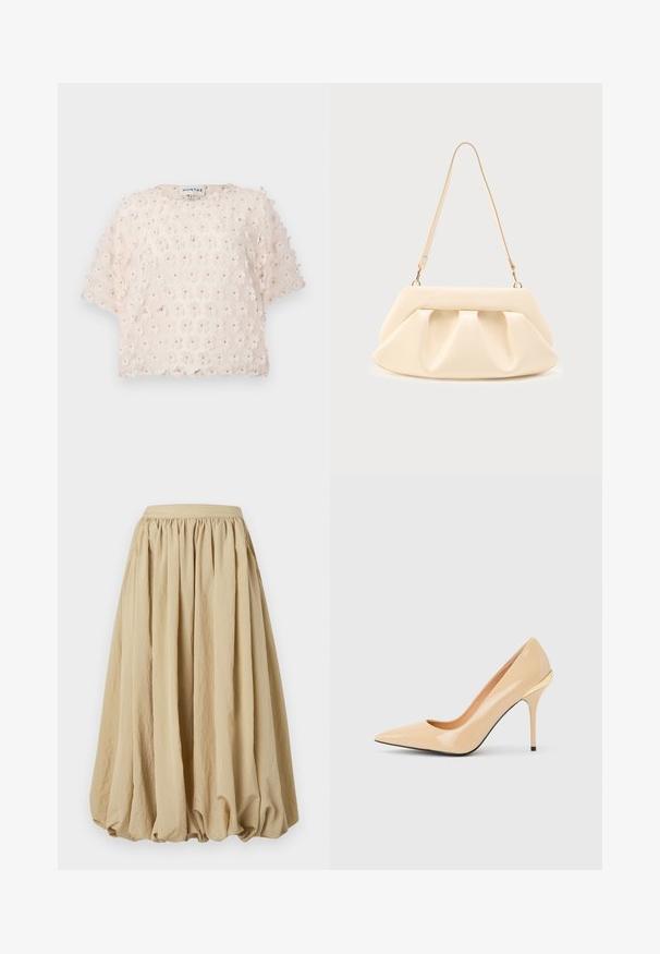 Blushkleurige top van gestructureerde stof met 3D bloemapplicaties. Korte mouwen en een ronde hals, ontworpen voor een losse pasvorm.; Beige midi-rok met een geplooid taillegedeelte, vloeiende stof en volumineuze vorm, met een gestructureerd oppervlak en subtiele kreukdetails.; Beige lakleren pump met hoge hak, spitse neus en slanke stilettohak, met een klein gouden accent aan de achterkant.; Handtas van crème-kleurig leer met geplooide plooien, gouden hardware en een enkele dunne schouderband op een effen achtergrond.