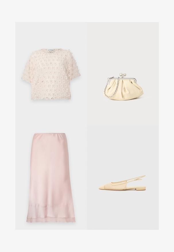 Haut rose pâle en tissu texturé avec des applications florales en 3D. Manches courtes et col rond, conçu pour une coupe ample.; Jupe midi en satin rose clair avec taille élastique et détail de ourlet superposé, présentée sur un fond blanc uni.; Chaussure plate slingback en beige clair avec une tige en maille, un bout pointu et un petit talon. Dotée d'une sangle ajustable pour un bon maintien.; Pochette en cuir beige plissé avec un cadre en métal argenté, dotée de deux fermoirs ronds décoratifs et d'une chaîne en argent.