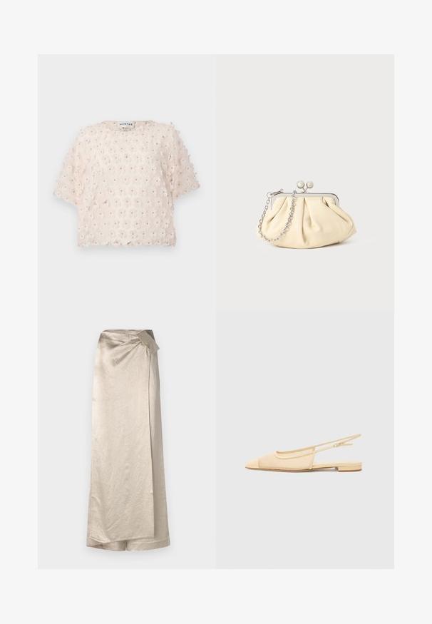 Haut rose pâle en tissu texturé avec des applications florales en 3D. Manches courtes et col rond, conçu pour une coupe ample.; Jupe longue beige en tissu brillant et texturé. Elle présente un design enveloppant avec un accent en nœud sur le côté et un ourlet net.; Chaussure plate slingback en beige clair avec une tige en maille, un bout pointu et un petit talon. Dotée d'une sangle ajustable pour un bon maintien.; Pochette en cuir beige plissé avec un cadre en métal argenté, dotée de deux fermoirs ronds décoratifs et d'une chaîne en argent.