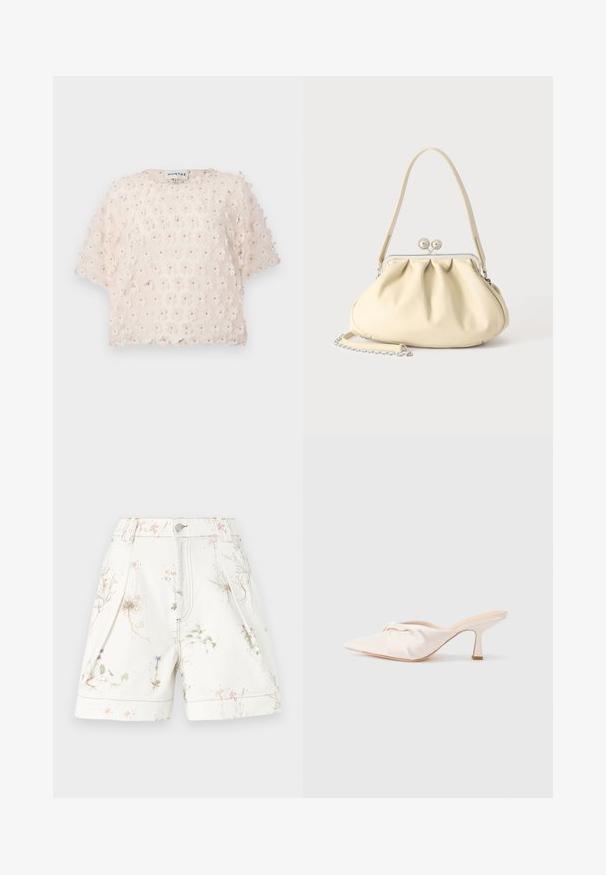 Haut rose pâle en tissu texturé avec des applications florales en 3D. Manches courtes et col rond, conçu pour une coupe ample.; Shorts blancs avec imprimé floral en rose et bleu. Fabriqués en coton, dotés de poches latérales et d'une fermeture par bouton. Motif texturé sur l'ensemble.; Chaussure mule en tissu beige clair avec un design noué à l'avant, bout pointu et talon fin et effilé. Texture lisse dans l'ensemble.; Sac à main en cuir souple couleur crème avec un design froncé, fermoir cadre argenté, poignée courte et bandoulière chaîne amovible.