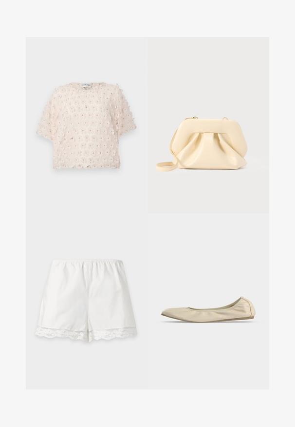 Blush-top i struktureret stof med 3D-blomsterapplikationer. Korte ærmer og rund halsudskæring, designet til en løs pasform.; Hvide elastiske shorts med blomsterblondekant forneden på en ensartet lys baggrund.; Beige blødt læder balletsko med rundet tå, lavt snit i siden og tynd gummisål på en ensartet hvid baggrund.; Beige blød læder clutch-taske med struktureret ramme og rynket frontdetalje, med en tynd håndledsrem og guldlås.