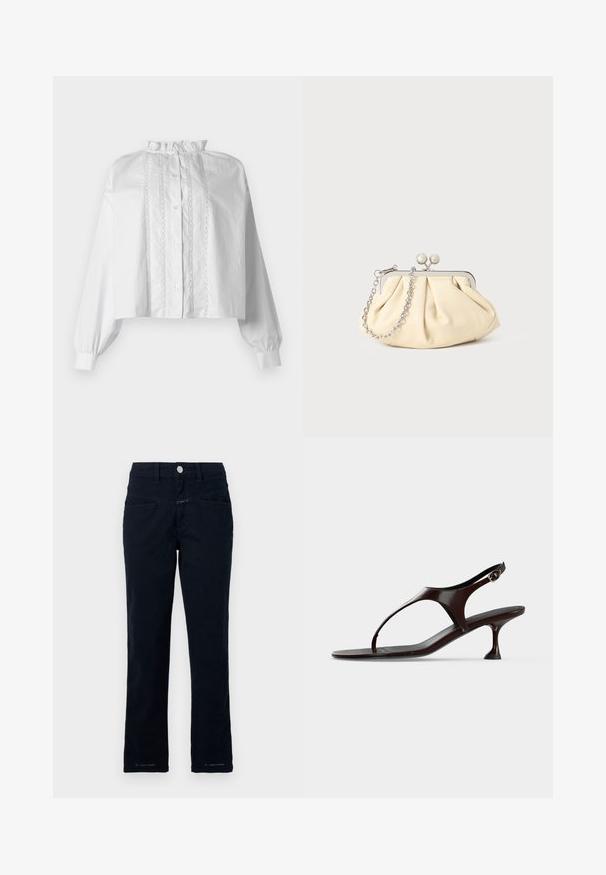 Blouse blanche courte à manches longues bouffantes, col à volants, boutonnage sur le devant et panneau vertical en dentelle.; Pantalon bleu marine en coton extensible avec une coupe droite, poches avant et fermeture à bouton à la taille.; Sandale slingback en cuir verni marron foncé avec petit talon et bride entre les orteils sur fond blanc.; Pochette en cuir beige plissé avec un cadre en métal argenté, dotée de deux fermoirs ronds décoratifs et d'une chaîne en argent.