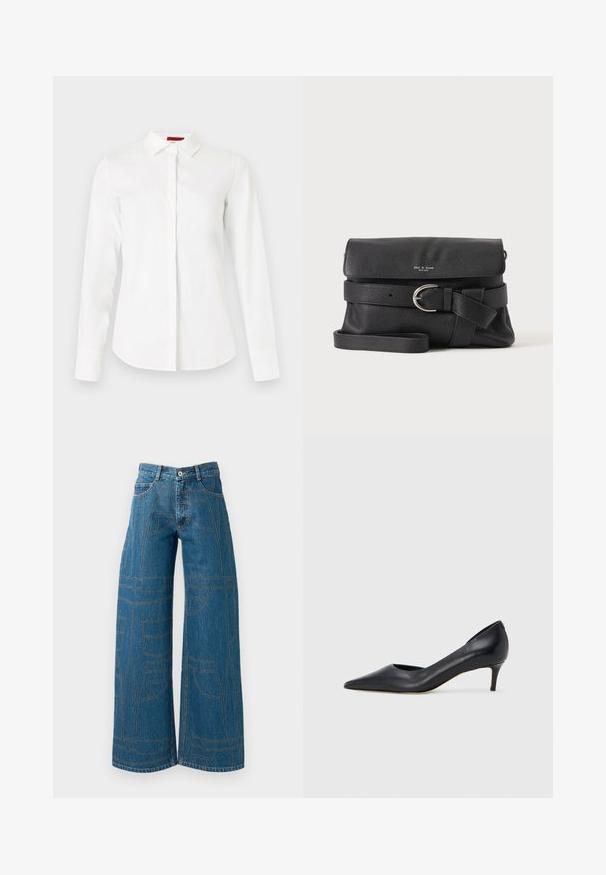 Witte blouse met lange mouwen van soepel katoen. Voorzien van een puntkraag en een knoopsluiting aan de voorkant met subtiele textuur en een nauwsluitende pasvorm.; Wijde pijpen jeans in middelblauwe denim met contrasterende stiksels en meerdere zakontwerpen. Hoge taille met knoopsluiting.; Zwarte leren pump met een puntige neus en lage hak. Heeft een gladde textuur en een subtiele glans. Open uitsparing aan de voorkant voor extra detail.; Zwarte pebbel leren crossbodytas met klepsluiting, zilveren gespceintuursdetail en verstelbare schouderriem op effen achtergrond.