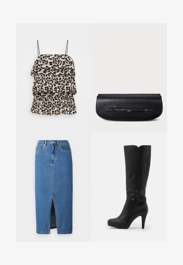 Haut en imprimé léopard avec volants superposés, fabriqué en tissu léger. Dispose de fines bretelles noires et d'une surface texturée.; Jupe midi en denim bleue. Elle présente une fente avant, une taille haute et un design à cinq poches. Coutures classiques et accents en métal.; Bottes en cuir noir, hauteur genou, avec un bout pointu, un talon aiguille, un accent de boucle sur le côté et une texture lisse.; Pochette en cuir noir à texture lisse, forme arrondie, avec une sangle décorative ornée d'un logo doré.