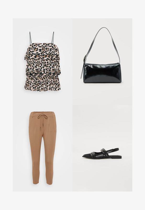 Top de leopardo con volantes en capas, hecho de una tela ligera. Cuenta con finas tirantes negros y una superficie texturizada.; Pantalones de color marrón claro, ajustados en la parte inferior y fabricados con una tela suave, que cuentan con una cinturilla con cordón, pliegues delanteros y puños elásticos en los tobillos.; Even&Odd Bailarinas con tira trasera - black; Bolso de hombro rectangular negro con una correa ajustable y un cierre de cremallera superior sobre un fondo liso.