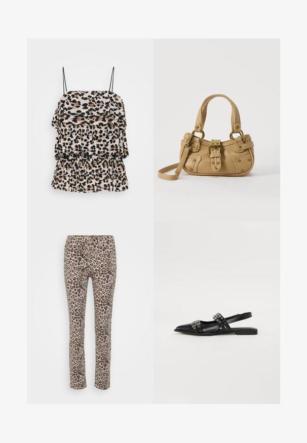 Leopardenmuster-Oberteil mit geschichteten Rüschen, aus leichtem Stoff gefertigt. Mit dünnen schwarzen Trägern und einer strukturierten Oberfläche.; Leopardenmuster-Hose in Beige mit schwarzen Flecken. Sie verfügt über eine schlanke Passform, ein Five-Pocket-Design und einen Reißverschluss mit Knopfverschluss.; Even&Odd Sling-Ballerina - black; Beige Lederhandtasche mit doppelten Griffen, Messingschnalle und Nieten, sowie verstellbarem Schultergurt vor weißem Hintergrund.