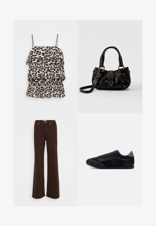 Top med leopardprint og lagdelte flæser, lavet af letvægtsstof. Har tynde sorte skulderstropper og en struktureret overflade.; Brune udvide bukser med sort leopardprint, designet med klassiske fem lommer og sølvhardware. Lavet af denimstof.; Sort lavt snøresko med ruskind og læderdetailler, tekstureret sål og snørelukning, vist fra siden mod en ensfarvet baggrund.; Sort læderhåndtaske med guldbælge og nitdetaljer, korte håndtag og en justerbar skulderrem på en ensfarvet hvid baggrund.