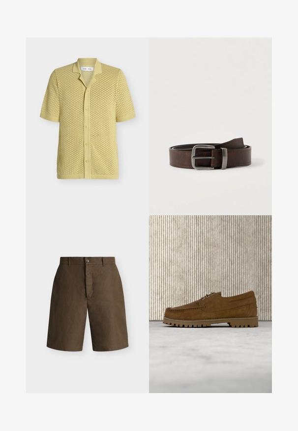 Cardigan en maille jaune pâle à manches courtes avec motif ajouré, boutonnage devant, col, poignets et ourlet côtelés.; Short marron longueur genou avec passants pour ceinture, fermeture par bouton et braguette zippée cachée sur fond uni clair.; Chaussure à lacets en daim marron avec semelle épaisse et striée flottant au-dessus d'un tapis beige, avec une table ovale marron en arrière-plan.; Ceinture en cuir marron foncé avec une boucle rectangulaire en argent, enroulée et placée sur un fond clair et neutre.