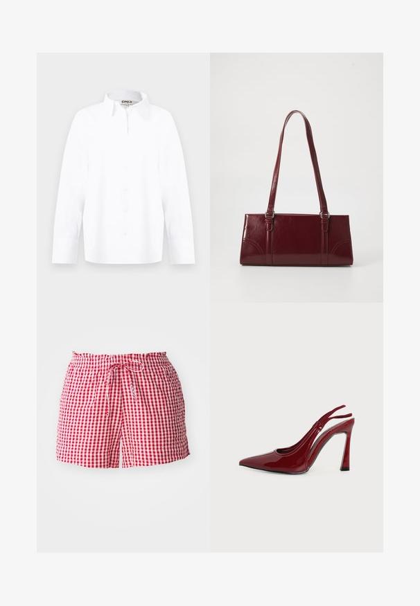 Chemise blanche à manches longues avec col pointu, poignets slim et étiquette de marque "ONLY" au niveau du col, taille moyenne.; Shorts à carreaux rouges et blancs avec une taille élastique et un cordon de serrage, fabriqués dans un tissu léger et offrant une coupe décontractée.; Chaussure à talon haut slingback pour femme, brillante, rouge foncé, à bout pointu et talon fin courbé sur fond blanc.; Sac à main bordeaux en matériau brillant, de forme rectangulaire, avec deux anses et des accents légèrement courbés à l'avant.