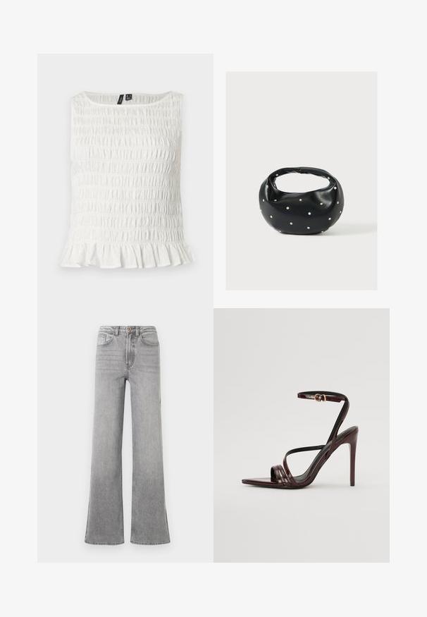 Top blanco sin mangas con textura elástica fruncida y dobladillo con volantes, que presenta un escote redondo y etiquetas de tela en el interior del cuello.; Jeans de mezclilla gris de campana con una cintura alta, bolsillos delanteros, trabillas para el cinturón y un sutil diseño descolorido, presentados sobre un fondo blanco.; Sandalia de tacón alto de charol burdeos con tira en el tobillo, punta afilada y tres tiras horizontales en el pie. Detalle de hebilla en tono dorado.; Bolso de mano de cuero negro con forma redondeada, decorado con detalles de tachuelas plateadas y un asa corta. Textura lisa y cierre con cremallera.