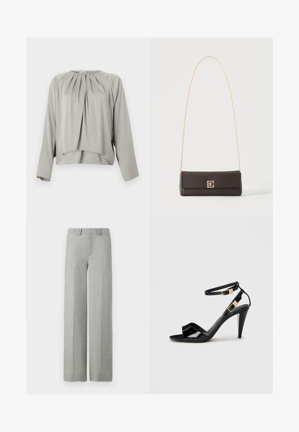Lysegrå bluse med lange ærmer, rund halsudskæring, forplisseringer og en let asymmetrisk kant.; Grå bredbensbukser i et letvægtsmateriale, med flad front, bæltehuller og rene, skræddersyede linjer uden synlige mønstre.; Sorte patentlæder højhælede sandaler med dobbelte ankelremme og guldspænder, åben tå og slank taperet hæl på neutral baggrund.; Rektangulær mørkebrun læderhåndtaske med guldkæde-rem og en lille firkantet guldlås midtfor.