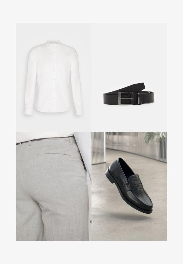 Camisa blanca de manga larga con cuello mandarín y tapeta delantera. Hecha de algodón, presenta una textura suave y cierre de botones.; Pantalones grises claros a medida hechos de tela texturizada, con un solo bolsillo trasero y costuras limpias.; Mocasín de cuero negro con textura suave, punta puntiaguda y una correa decorativa a lo largo del empeine. Suela ligera, diseño minimalista.; Cinturón de cuero negro con hebilla rectangular de metal plateado, diseño plano y textura suave. Los extremos se estrechan para facilitar el enhebrado.