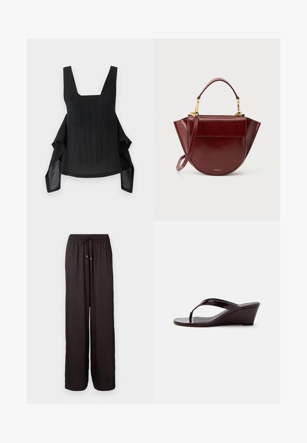 Schwarzes ärmelloses Top mit quadratischem Ausschnitt, fließendem Stoff, asymmetrischem Saum und strukturiertem Oberflächen-Detail.; Locker sitzende schwarze Hose mit elastischem Bund und Zugband mit goldfarbigen Spitzen, mit vollem Bein und geradem Schnitt.; Braune Sandale mit Keilabsatz aus Lackleder mit Zehensteg und offenem Zehenbereich, seitlich auf einfarbigem Hintergrund gezeigt.; Dunkelrote Lederhandtasche mit gerundeter Form, Tragegriff oben, abnehmbarem Schulterriemen und goldfarbenen Beschlägen auf weißem Hintergrund.