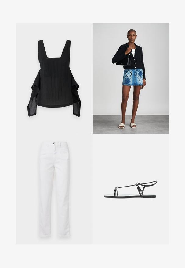 Schwarzes ärmelloses Top mit quadratischem Ausschnitt, fließendem Stoff, asymmetrischem Saum und strukturiertem Oberflächen-Detail.; Weiße Denim-Jeans mit geradem Bein, fünf Taschen und einem vorderen Knopfverschluss. Glatte Textur mit dezenten Nahtdetails.; Schwarze flache Sandale mit dünnen Riemen, einer Zehenschlaufe und einer verstellbaren Knöchelschnalle auf hellgrauem Hintergrund.; Schwarze Strickjacke, weißes Oberteil, Jeansrock mit blauem und schwarzem Diamantenmuster, schwarze Handtasche und beige Rutschsandalen.