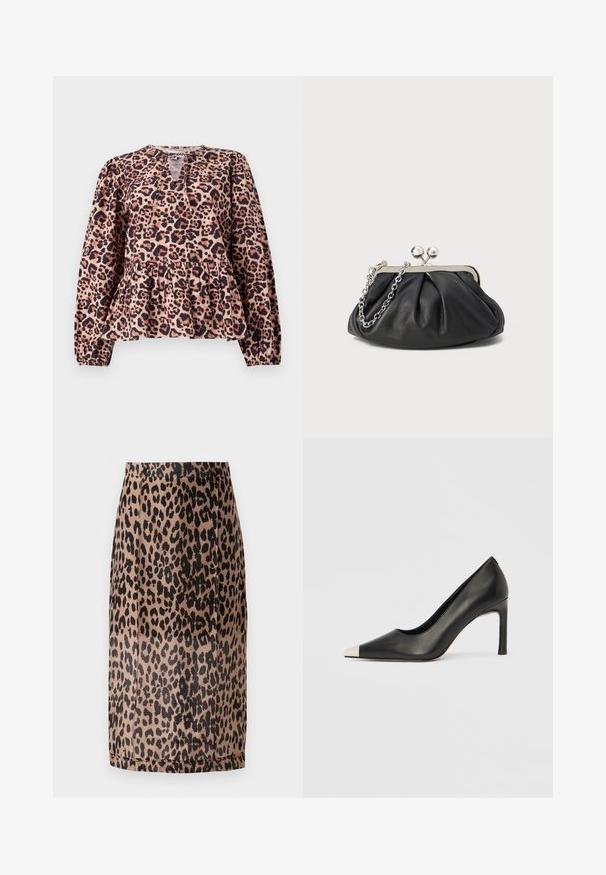 Leopardiprindiga peplum-top, millel on pikad varrukad, ümmargune kaelus ja võtmeaugu detail. Valmistatud pehmest kangast, millel on tekstureeritud pind.; Leopardimustriga pliiatsiseelik beeži ja musta värviga. Sile kangas, kehaijkbaaritav disain, põlvekõrgune lõige ja varjatud vöökoht. Pole nähtavaid kinnitusi.; Mustast nahast kõrge kontsaga king terava varba ja metallik hõbedase otsikuga. Iseloomustab sile viimistlus ja sihvakas 10 cm konts.; Musthave musta nahast käekott, millel on volditud tekstuur, hõbedane metallraam, lukustatud sulgemismehhanism ja kett. Sile ja pehme pind.