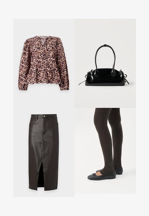 Peplum top med leopardprint, lange ærmer, rund halsudskæring og nøglehul detalje. Lavet af blødt stof med en struktureret overflade.; Brun læder midi-nederdel med en frontslids, femlomme-design og metal-knap lukning. Glat tekstur og skræddersyet pasform.; Ben iført mørke ribbede leggings kombineret med sorte balletsko med små sløjfedetaljer på hvid baggrund.; Lille sort blank håndtaske med to lange håndtag og snøre-detaljer i siden på en ensfarvet lys baggrund.