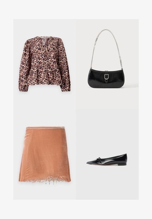 Top s leopardím vzorom a peplum strihom s dlhými rukávmi, okrúhlym výstrihom a detailom v tvare kľúčovej dierky. Vyrobený z jemnej látky s textúrovaným povrchom.; Rabanne Minisukňa - pink; Čierne lakované baleríny s ostrou špičkou, malým dekoračným pásikom a nízkym blokovým podpätkom. Hladká textúra a elegantný dizajn.; Čierna lakovaná kožená kabelka na rameno so striebornou prackou a strieborným reťazovým remienkom, zobrazená na jednofarebnom svetlom pozadí.