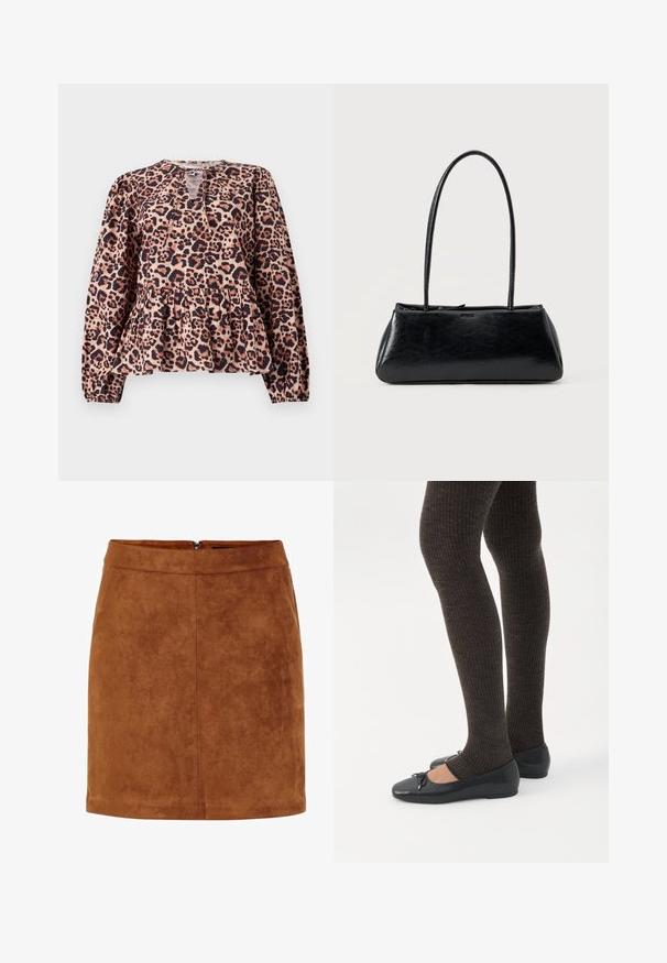 Top peplum de estampado de leopardo con mangas largas, escote redondo y detalle de ojal. Fabricado con un tejido suave con un acabado texturizado.; Minifalda de ante marrón con una textura suave, corte recto y un discreto cierre de cremallera en la parte trasera. Presenta detalles de costura para darle estructura.; Piernas con leggings oscuros acanalados combinados con bailarinas negras que presentan pequeños detalles de lazo sobre un fondo blanco.; Bolso de hombro rectangular negro con correas largas y delgadas y una textura lisa y brillante sobre un fondo liso.