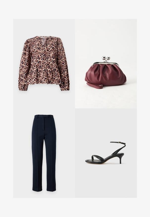 Top peplum en imprimé léopard avec des manches longues, un col rond et un détail en forme de clé. Fabriqué en tissu doux avec une finition texturée.; Pantalons ajustés bleu marine en tissu texturé ; dotés d'une taille avec passants de ceinture et d’un pli central à l'avant. Design slim et jambe droite.; Sandale pour femme en cuir noir avec fines lanières, une boucle d'orteil, une boucle à la cheville et un talon aiguille de hauteur moyenne sur un fond neutre.; Petit sac pochette en cuir bordeaux avec fermoir métallique argenté et bracelet sur fond blanc.