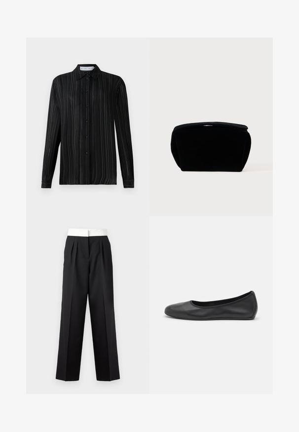 Zwarte lang-sleeve overhem shirt met fijne witte verticale streepjes en een klassieke kraag, weergegeven op een effen witte achtergrond.; Zwarte plooibroek met een brede witte tailleband, met een rechte snit en een strakke textuur voor een gestructureerde uitstraling.; Zwarte leren ballerina met een ronde neus, gladde textuur, minimale stikdetails en een flexibele zoolontwerp.; Zwarte fluwelen cosmeticatas met een zachte, gestructureerde oppervlakte, ronde bovenkant en ritssluiting. Compact ontwerp, geschikt voor verschillende opbergbehoeften.