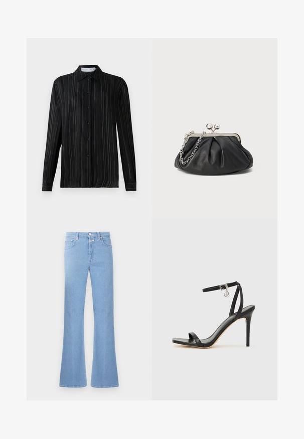 Sort langærmet skjorte med knapper, forsynet med fine hvide lodrette striber og klassisk krave, vist på en ensfarvet hvid baggrund.; Lyseblå udvidede jeans lavet af denim, med høj talje, fem lomme design og kontraststing. Glat tekstur med en ren overflade.; Sort hæl-sandal med smal ankrem, firkantet tå-boks, glat lædermateriale og metalspænde som pynt.; Sort læder clutch med samlet tekstur, sølvfarvet metalramme, kys-lås lukning og kædestrop. Glat, blød overflade.