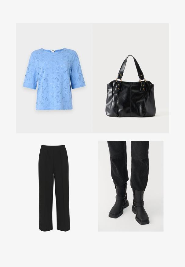 Top de manga corta azul claro con un patrón de olas y detalles recortados. Cuello redondo, ajuste relajado, hecho de tela texturizada.; Pantalones de pierna ancha negros con una cinturilla plana, que presentan pliegues delanteros y una textura suave. Sin bolsillos ni herrajes visibles.; Botas negras de cuero hasta el tobillo con puntera cuadrada, que presentan una tira ancha y un detalle de hebilla de metal. Las botas tienen una suela gruesa y una textura suave.; Bolso de cuero negro para el hombro con doble asa unida por anillas y remaches dorados, superficie lisa y ligeramente brillante, diseño sencillo.