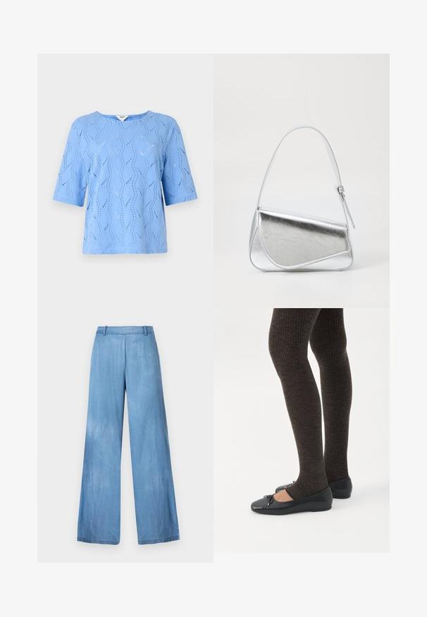 Top de manga corta azul claro con un patrón de olas y detalles recortados. Cuello redondo, ajuste relajado, hecho de tela texturizada.; Vaqueros de pierna ancha de color azul claro, hechos de mezclilla, con una cintura alta, un ligero desvanecimiento y un dobladillo limpio sin adornos ni bolsillos.; Piernas con leggings oscuros acanalados combinados con bailarinas negras que presentan pequeños detalles de lazo sobre un fondo blanco.; Bolso de mano metálico plateado con forma triangular, textura suave y una fina correa de hombro ajustable. Presenta un diseño plegable con costuras.