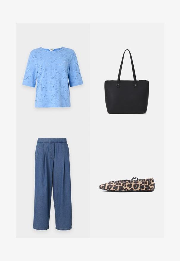 Un haut bleu clair à manches courtes avec un motif de vagues et des détails découpés. Encolure ronde, coupe décontractée, fabriqué en tissu texturé.; Pantalon large en denim bleu avec une coupe décontractée, doté d'une taille sans bouton, de plis sur le devant et de deux poches latérales.; Chaussure plate en tissu imprimé léopard, lacets noirs passant à travers des œillets en métal, et semelle en caoutchouc flexible sur fond blanc.; Sac fourre-tout noir en matériau synthétique texturé, doté de deux longues poignées et d'une fermeture éclair, avec des accentuaions en métal argenté.