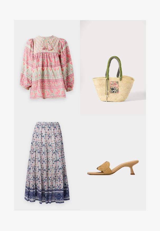 Blouse à motifs floraux en vert clair avec des accents roses et blancs, dotée d'un corsage froncé et de manches bouffantes, nouée dans le dos avec des pampilles.; Jupe maxi florale avec un fond gris, présentant des fleurs roses et bleues, un design à volants, et un ourlet à motifs navy. Taille élastique.; Mule beige à bout ouvert avec un petit talon aiguille bas et une lanière décorative circulaire tissée sur le devant.; Sac cabas en paille beige tissée avec des poignées tressées vertes et noires et un patch rectangulaire coloré à l'avant.