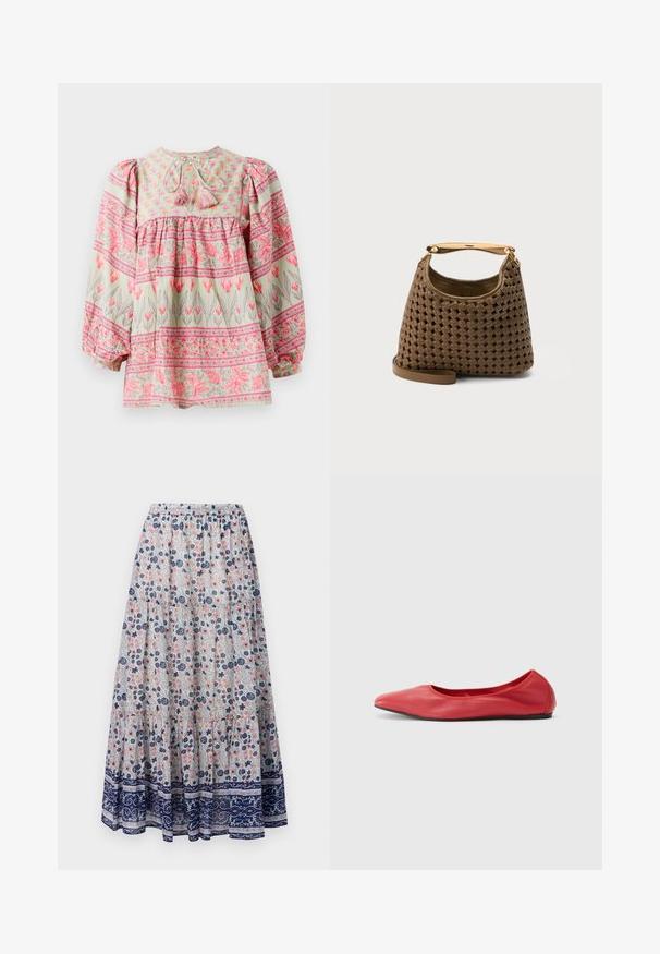 Bloes met bloemmotief in lichtgroen met roze en witte accenten, met een geraffineerde lijf en pofmouwen, die aan de achterkant is vastgebonden met franjes.; Florale maxi rok met een grijze achtergrond, versierd met roze en blauwe bloemen, gelaagd ontwerp en een marineblauwe patroonrand. Elastische tailleband.; Filippa K REY FLATS - Ballerina's - bright red; Bruine gevlochten lederen handtas met gouden gebogen bovenhandvat en afneembare schouderriem op effen achtergrond.